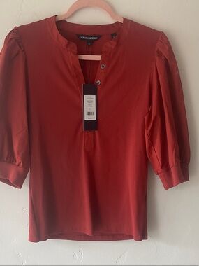 Veronica Beard Brick Red Puff-Sleeve Henley Top